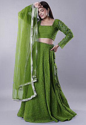 Embroidered Organza Lehenga in Green