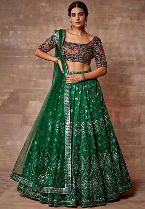 Buy Women Dark Green Embroidered Tiered Lehenga Set With Contrast Blouse  And Dupatta - Ready To Wear Lehengas - Indya