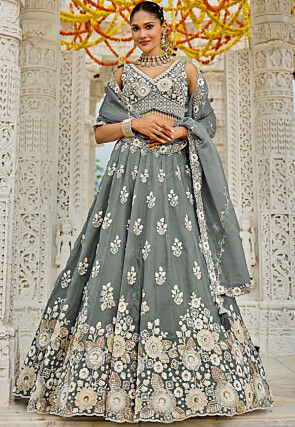 Embroidered Organza Lehenga in Grey