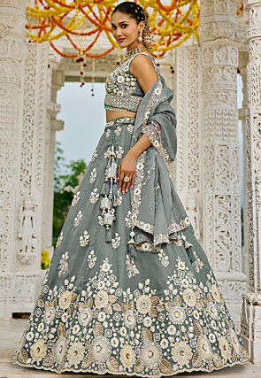 Embroidered Organza Lehenga in Grey
