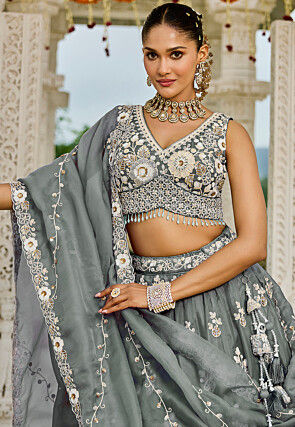Embroidered Organza Lehenga in Grey