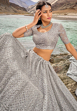 Embroidered Organza Lehenga in Grey