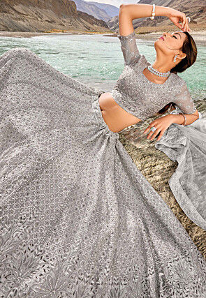 Embroidered Organza Lehenga in Grey