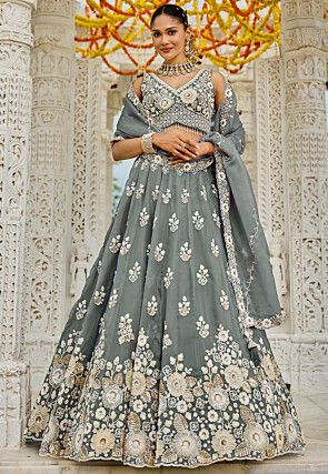 Embroidered Organza Lehenga in Grey