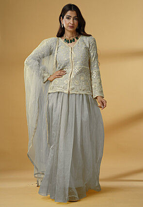 Embroidered Organza Lehenga in Grey