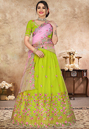 4190 Off Shoulder Parrot Green Lengha – Shama's Collection