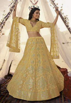 Lehenga in Light Yellow Floral Organza- Indian Clothing in Denver, CO and  Aurora, CO- India Fashion X