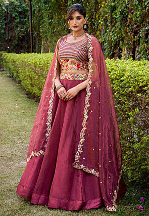Embroidered Organza Lehenga in Maroon