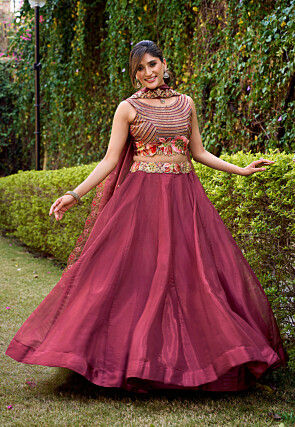 Embroidered Organza Lehenga in Maroon