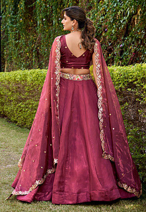 Embroidered Organza Lehenga in Maroon