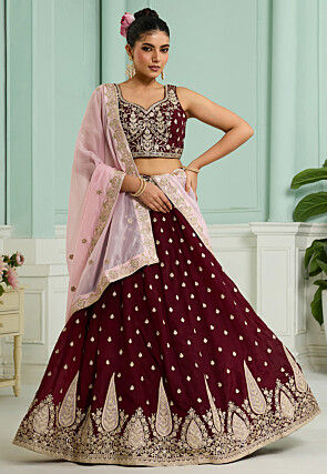 Embroidered Organza Lehenga in Maroon