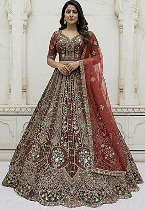 Embroidered Organza Lehenga in Maroon
