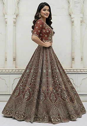 Embroidered Organza Lehenga in Maroon