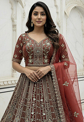 Embroidered Organza Lehenga in Maroon