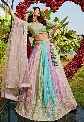 Embroidered Organza Lehenga in Multicolor
