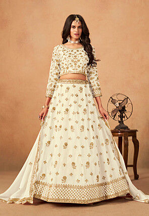 Embroidered Organza Lehenga in Off White