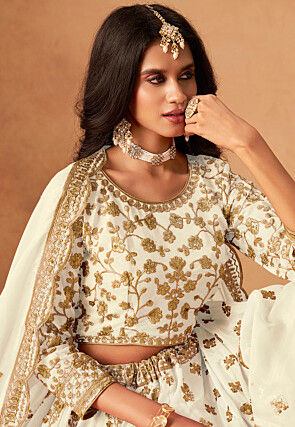 Embroidered Organza Lehenga in Off White