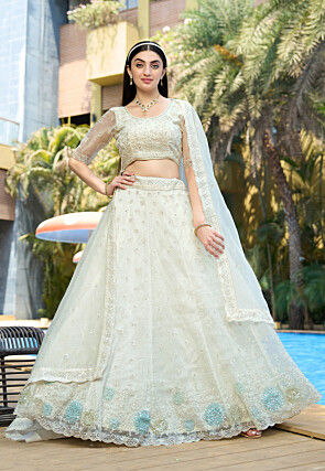 Embroidered Organza Lehenga in Off White