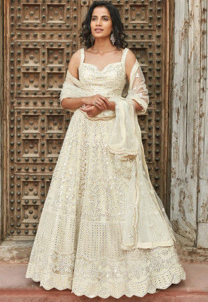 Embroidered Organza Lehenga in Off White