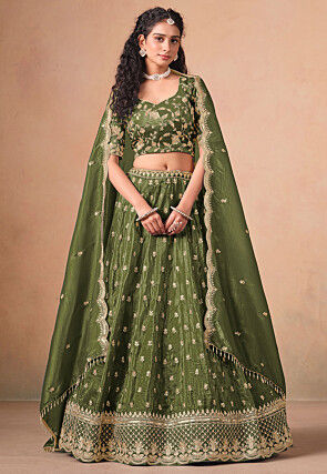 Embroidered Organza Lehenga in Olive Green
