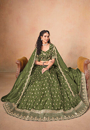 Embroidered Organza Lehenga in Olive Green