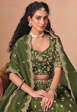 Embroidered Organza Lehenga in Olive Green