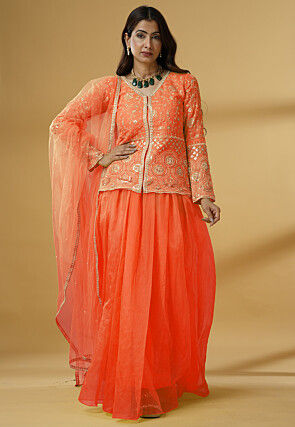Embroidered Organza Lehenga in Orange