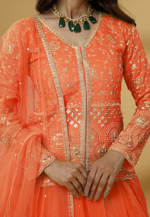Embroidered Organza Lehenga in Orange