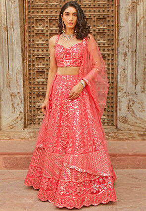 Embroidered Organza Lehenga in Coral Pink