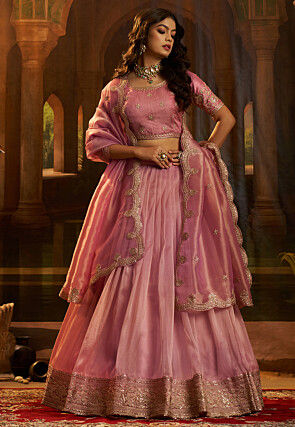 Embroidered Organza Lehenga in Pink