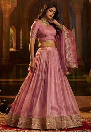 Embroidered Organza Lehenga in Pink