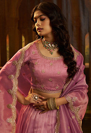 Embroidered Organza Lehenga in Pink