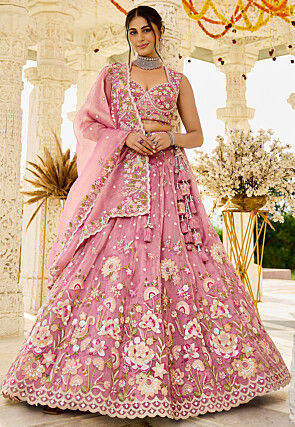 Embroidered Organza Lehenga in Pink