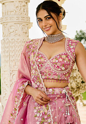 Embroidered Organza Lehenga in Pink