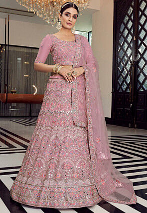 Embroidered Organza Lehenga in Pink