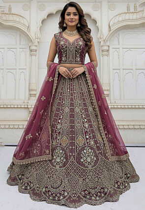 Embroidered Organza Lehenga in Purple