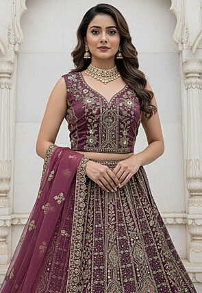 Embroidered Organza Lehenga in Purple