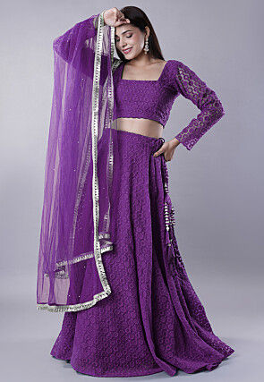 Embroidered Organza Lehenga in Purple