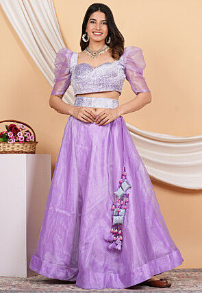 Embroidered Organza Lehenga in Purple