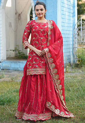 Embroidered Organza Lehenga in Red