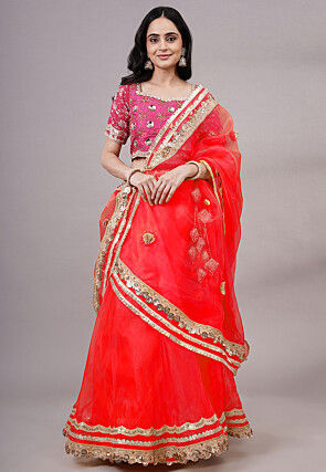 Embroidered Organza Lehenga in Red