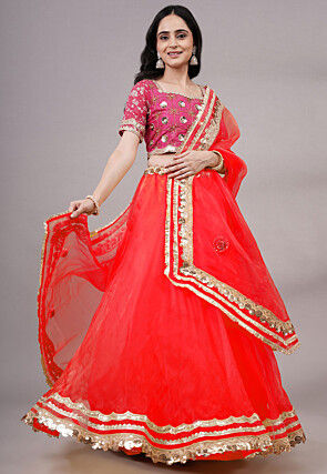 Embroidered Organza Lehenga in Red