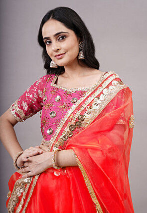 Embroidered Organza Lehenga in Red