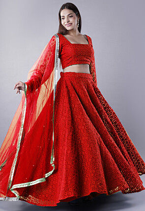 Embroidered Organza Lehenga in Red