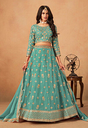 Embroidered Organza Lehenga in Sea Green