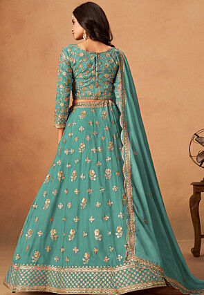 Embroidered Organza Lehenga in Sea Green