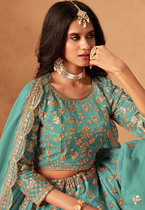 Embroidered Organza Lehenga in Sea Green