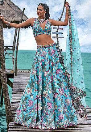 Embroidered Organza Lehenga in Sky Blue