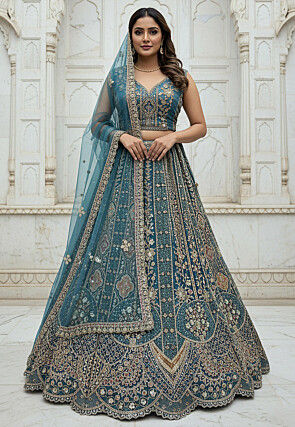 Embroidered Organza Lehenga in Teal Blue