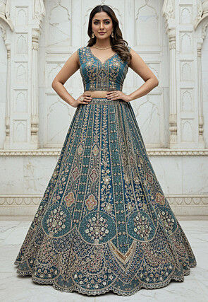 Embroidered Organza Lehenga in Teal Blue